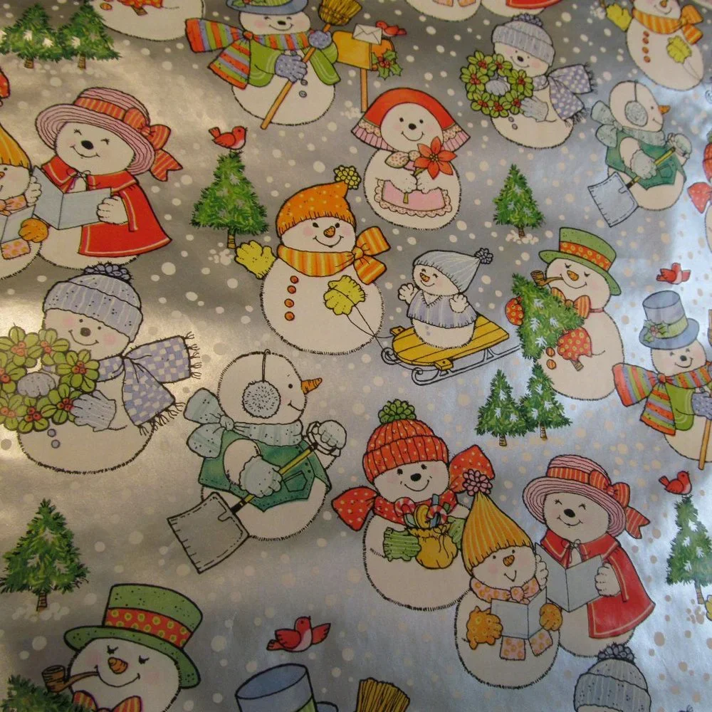 Vintage Hallmark Gift Wrap Paper Partial Roll ~ Snowmen w Trees, Sleds